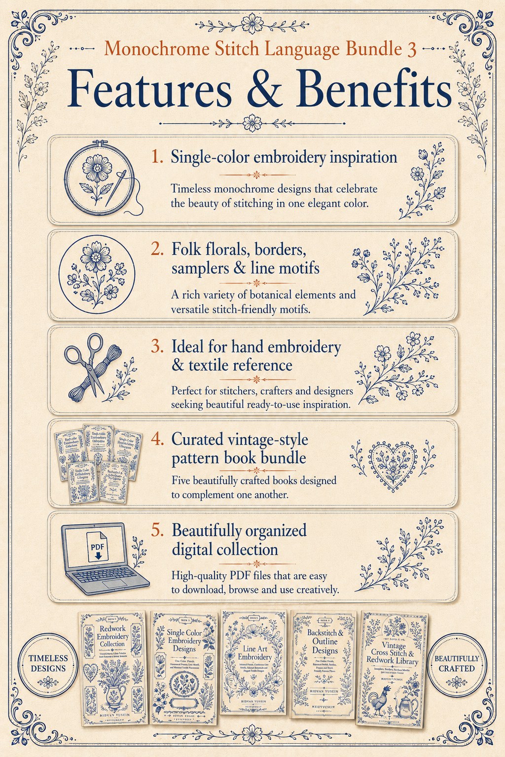 Digital PDF embroidery design bundle cover preview for Monochrome Stitch Language Bundle 3, featuring curated embroidery patterns, motif library references and textile design… - preview 3
