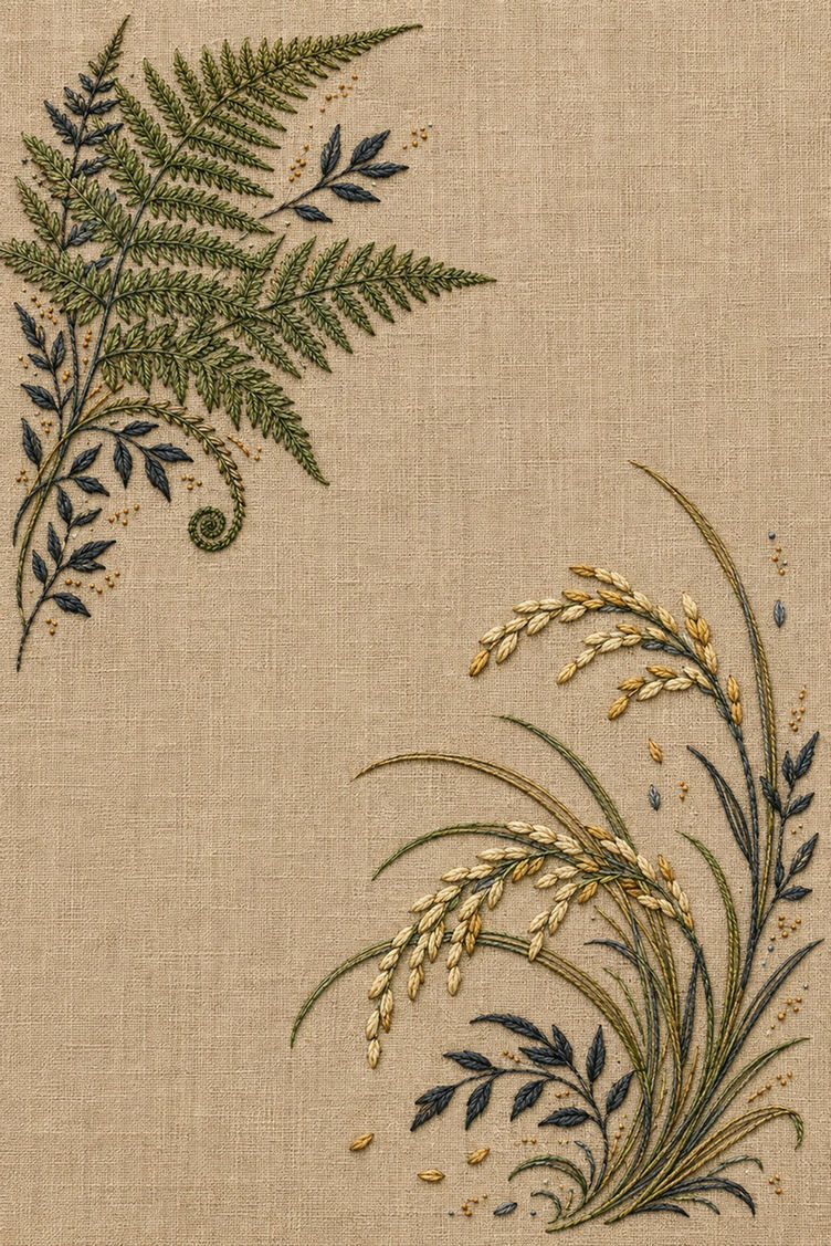 Illustrative embroidery design: A fern-led corner faces a grain-and-grass corner across natural linen.