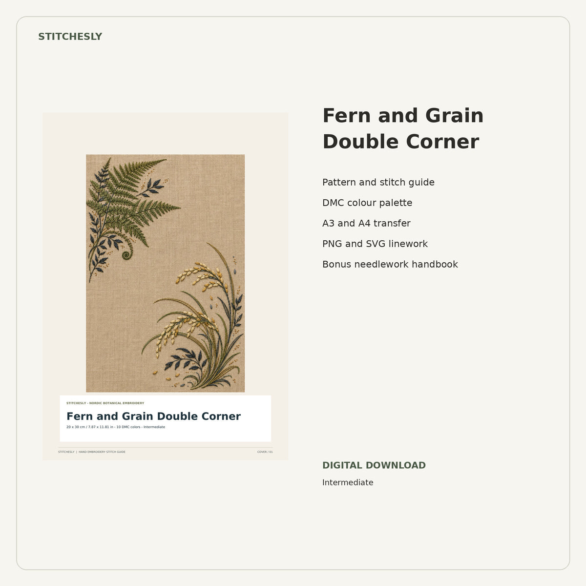 Fern and Grain Double Corner PDF stitch guide cover, pattern files and bonus needlework handbook.