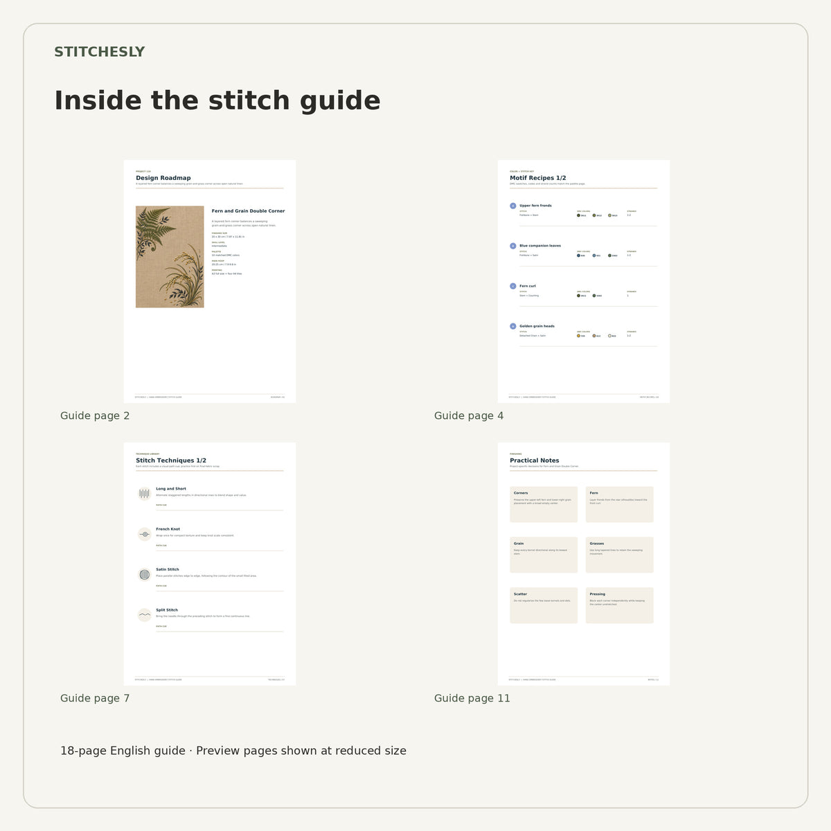 Four reduced-size preview pages from the 18-page Fern and Grain Double Corner stitch guide.