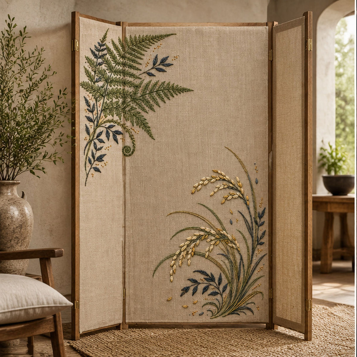 Framed linen panel mockup featuring the Fern and Grain Double Corner hand embroidery design. A fern-led corner faces a grain-and-grass corner across natural linen.