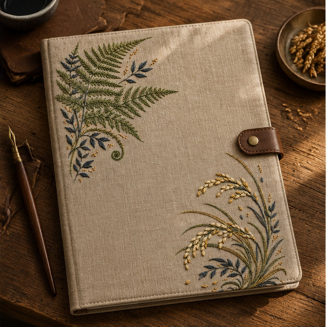 Linen notebook cover mockup featuring the Fern and Grain Double Corner hand embroidery design. A fern-led corner faces a grain-and-grass corner across natural linen.