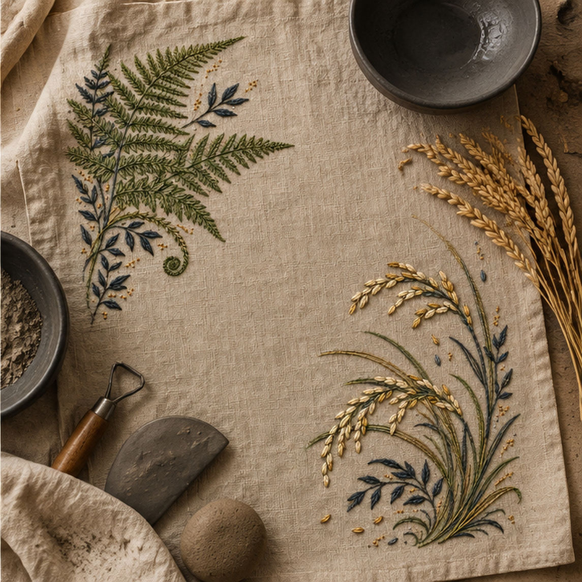 Linen textile laid flat mockup featuring the Fern and Grain Double Corner hand embroidery design. A fern-led corner faces a grain-and-grass corner across natural linen.