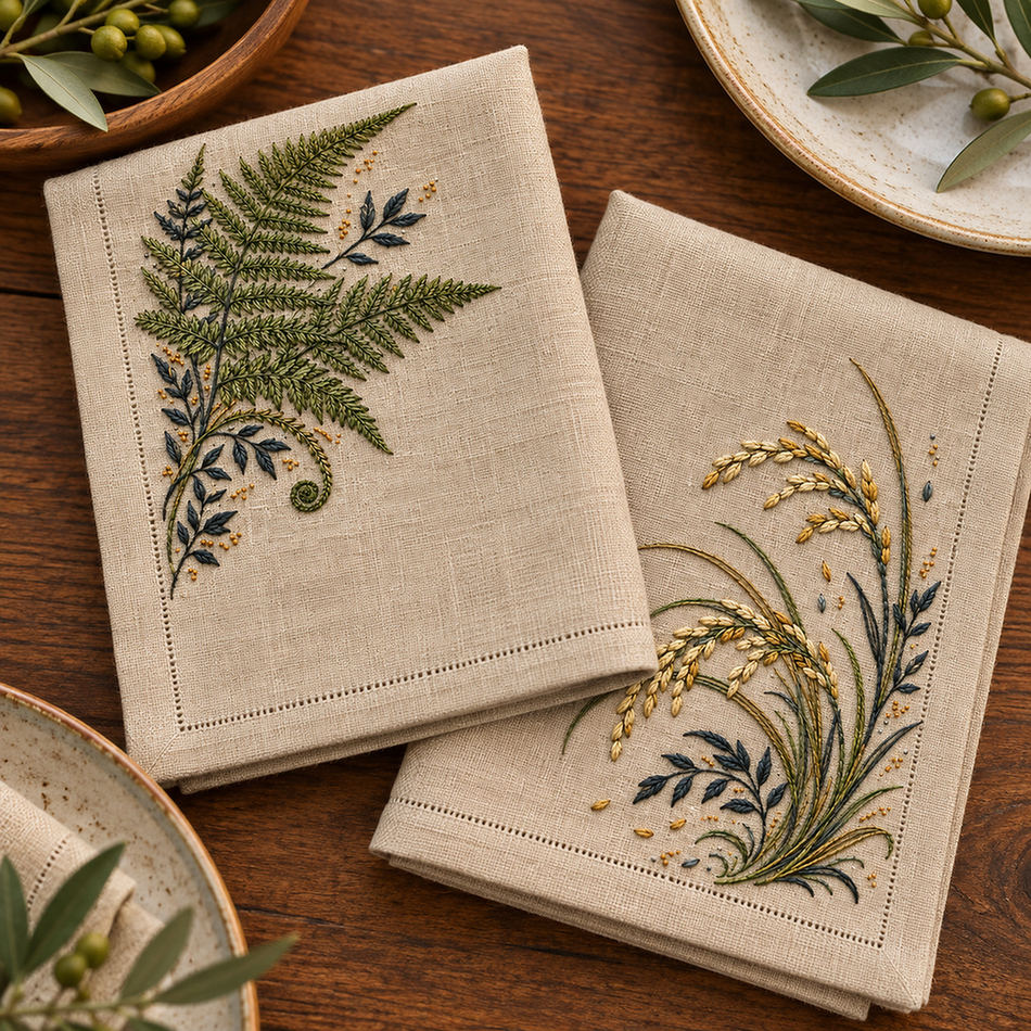 Two linen napkins mockup featuring the Fern and Grain Double Corner hand embroidery design. A fern-led corner faces a grain-and-grass corner across natural linen.