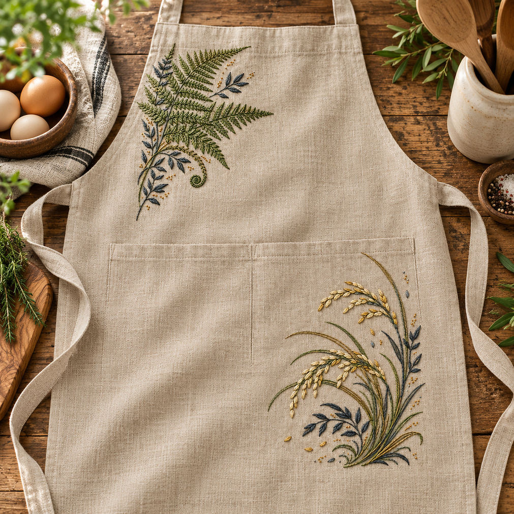 Linen tote bag mockup featuring the Fern and Grain Double Corner hand embroidery design. A fern-led corner faces a grain-and-grass corner across natural linen.