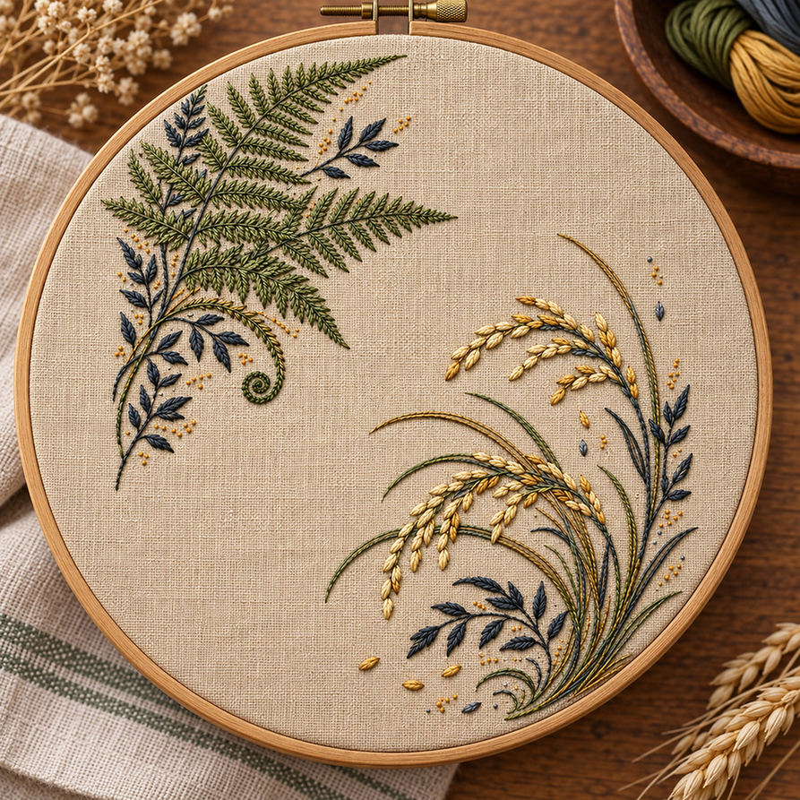 Embroidery hoop mockup featuring the Fern and Grain Double Corner hand embroidery design. A fern-led corner faces a grain-and-grass corner across natural linen.