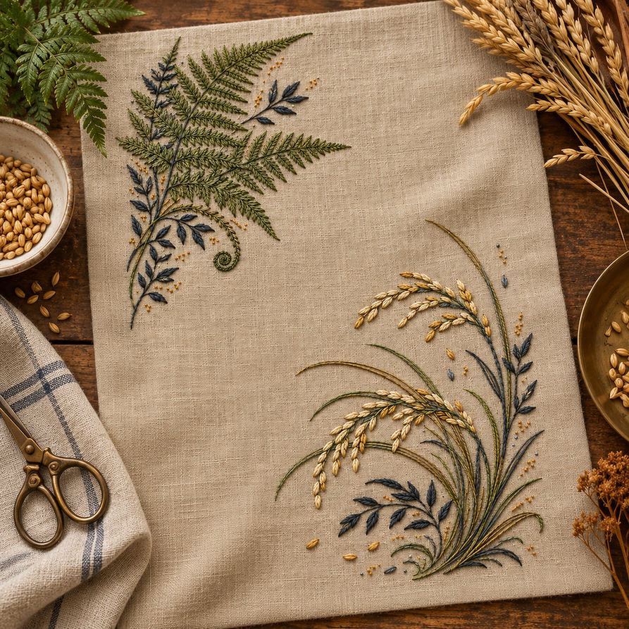 Close view of fern corners mockup featuring the Fern and Grain Double Corner hand embroidery design. A fern-led corner faces a grain-and-grass corner across natural linen.