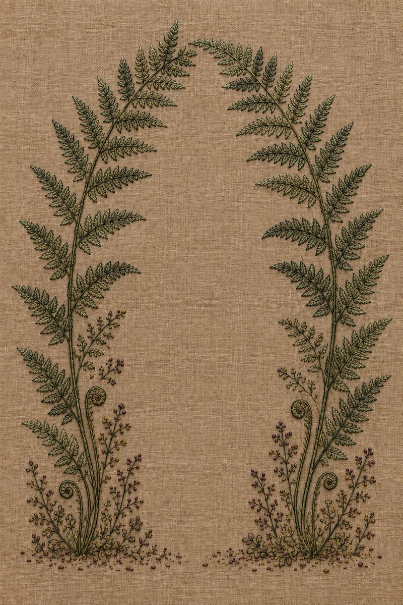 Illustrative embroidery design: Layered fern stems form an arch above fiddleheads and woodland sprigs.