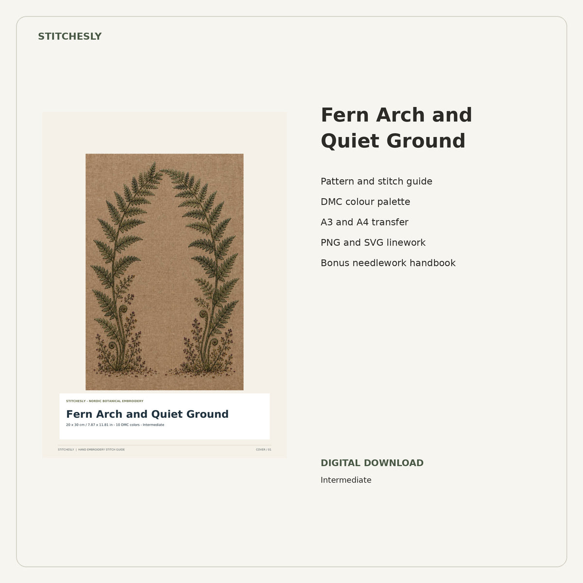 Fern Arch and Quiet Ground PDF stitch guide cover, pattern files and bonus needlework handbook.