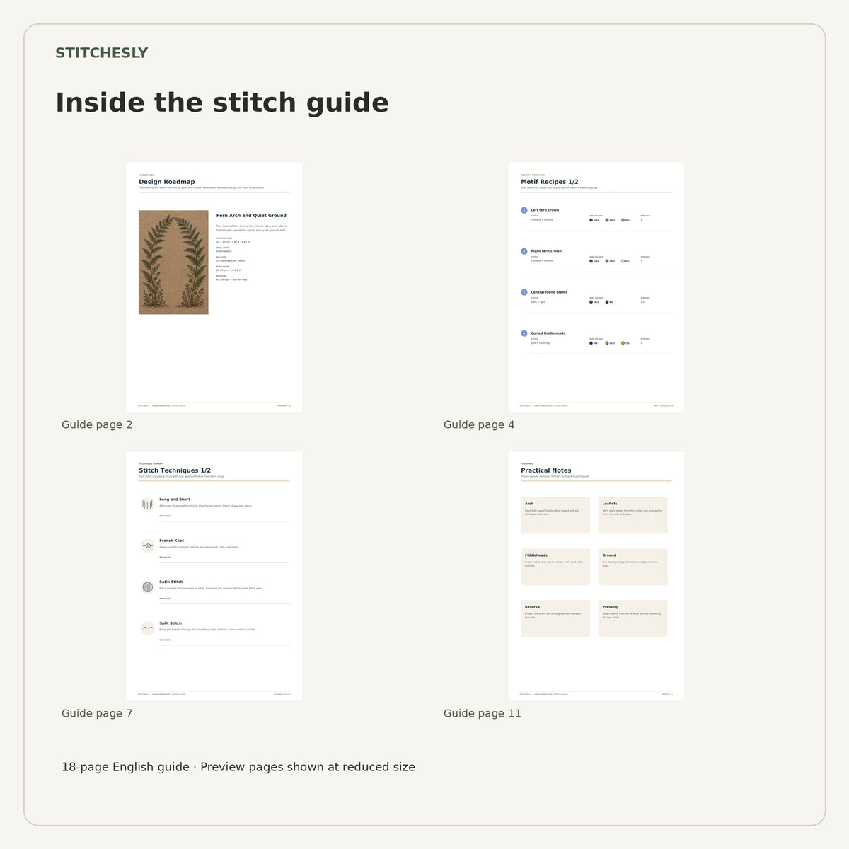 Four reduced-size preview pages from the 18-page Fern Arch and Quiet Ground stitch guide.