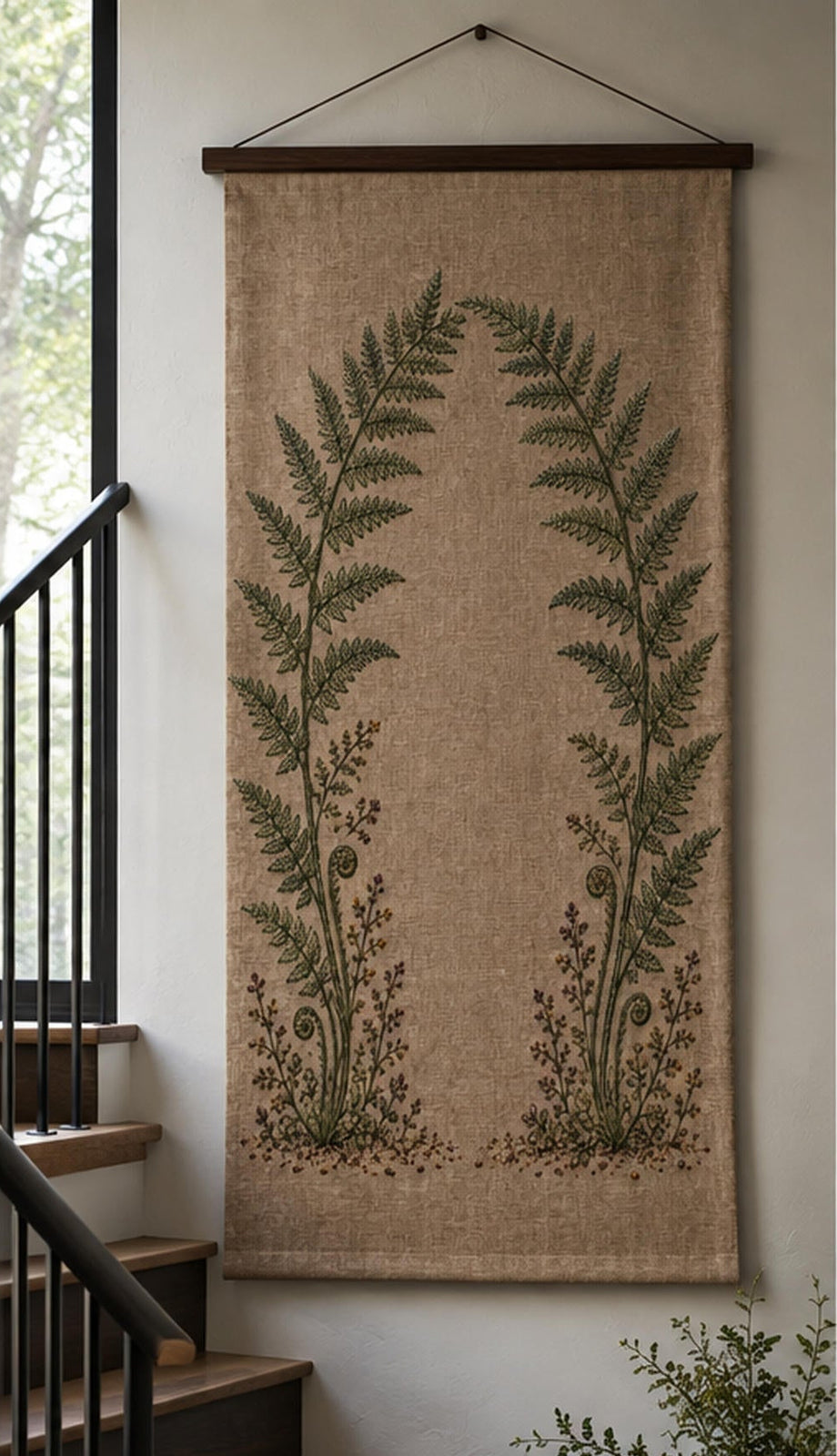Framed linen panel mockup featuring the Fern Arch and Quiet Ground hand embroidery design. Layered fern stems form an arch above fiddleheads and woodland sprigs.