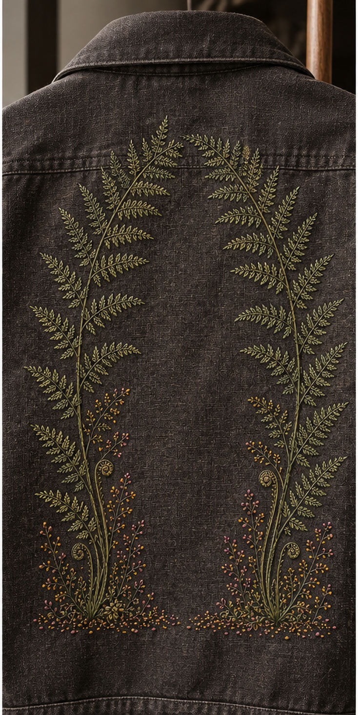 Dark botanical textile flat lay mockup featuring the Fern Arch and Quiet Ground hand embroidery design. Layered fern stems form an arch above fiddleheads and woodland sprigs.