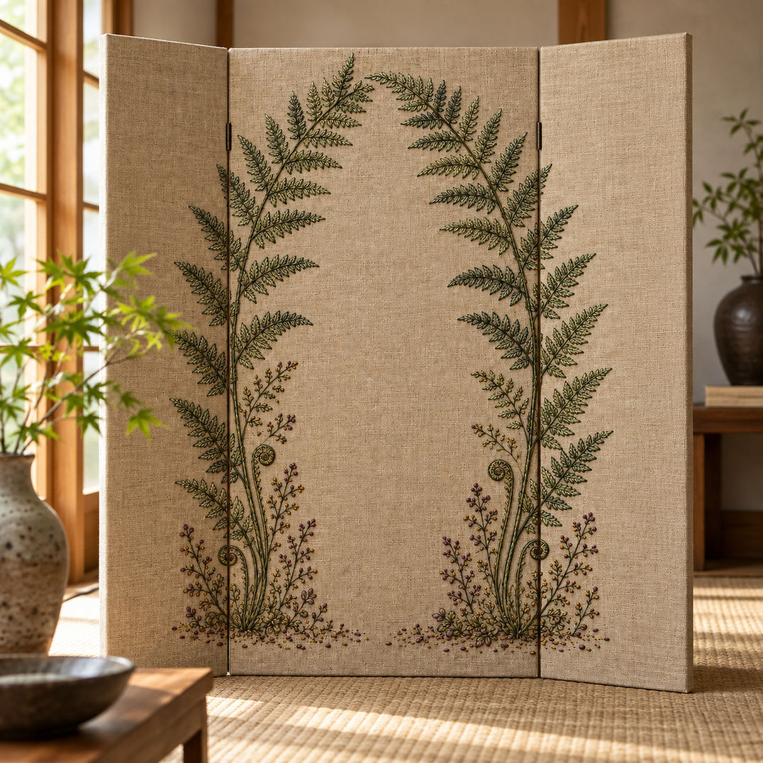 Framed botanical textile mockup featuring the Fern Arch and Quiet Ground hand embroidery design. Layered fern stems form an arch above fiddleheads and woodland sprigs.