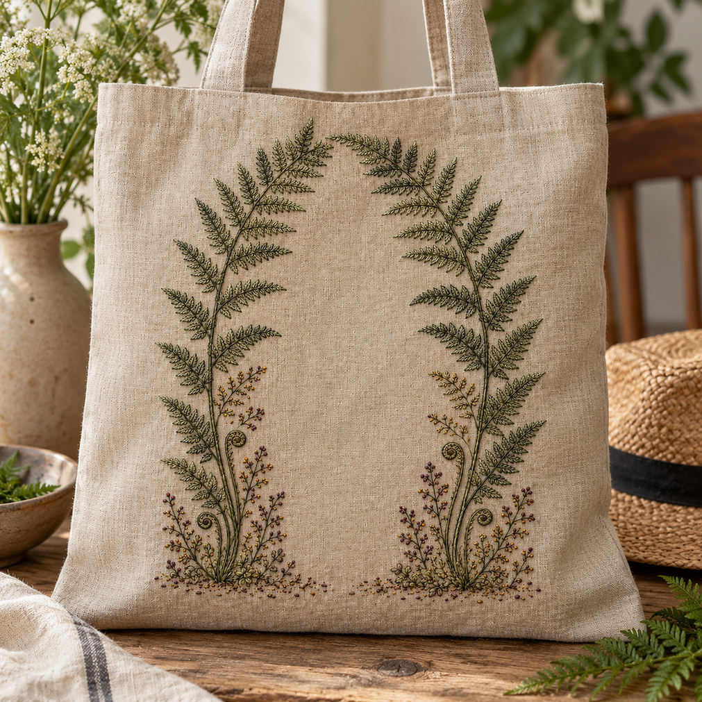 Framed linen by a window mockup featuring the Fern Arch and Quiet Ground hand embroidery design. Layered fern stems form an arch above fiddleheads and woodland sprigs.