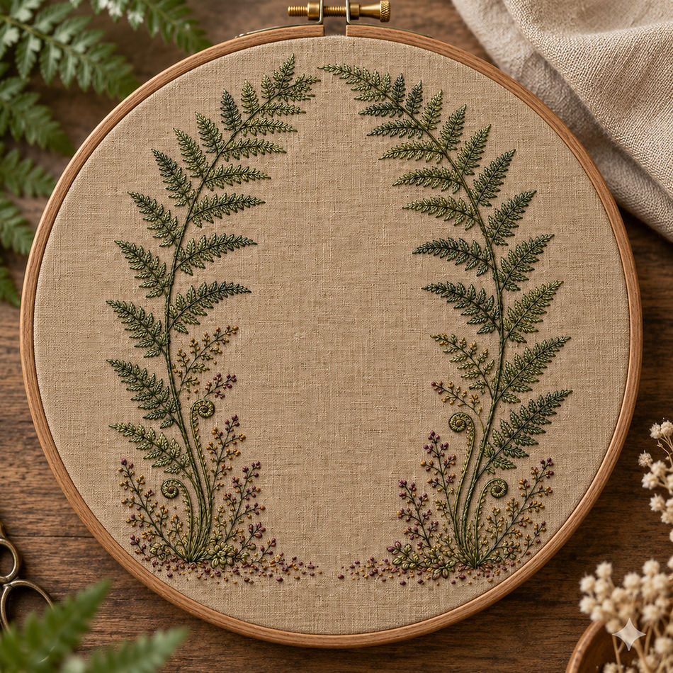 Embroidery hoop mockup featuring the Fern Arch and Quiet Ground hand embroidery design. Layered fern stems form an arch above fiddleheads and woodland sprigs.