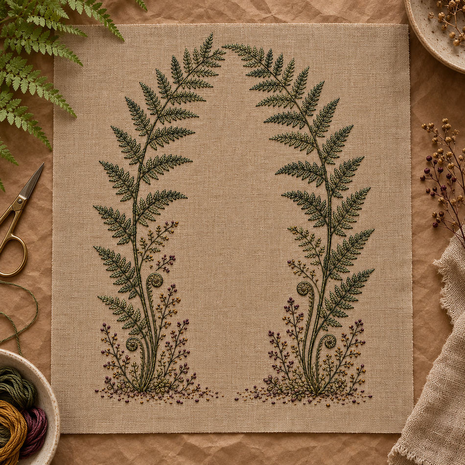 Close view of the fern arch mockup featuring the Fern Arch and Quiet Ground hand embroidery design. Layered fern stems form an arch above fiddleheads and woodland sprigs.