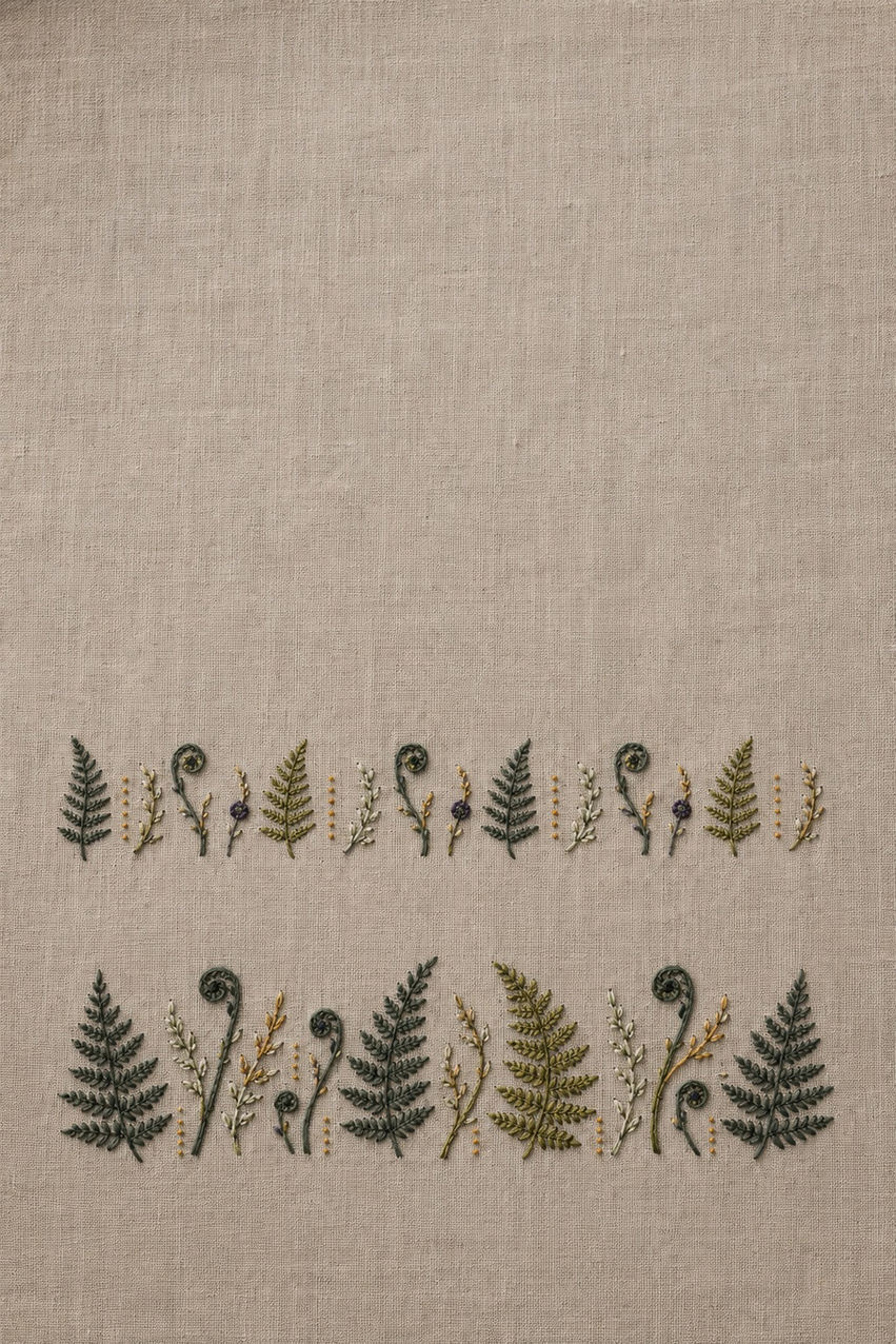 Illustrative embroidery design: Two horizontal bands alternate fern fronds, fiddleheads and fine seed stems.