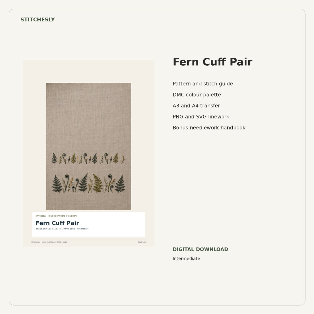 Fern Cuff Pair PDF stitch guide cover, pattern files and bonus needlework handbook.