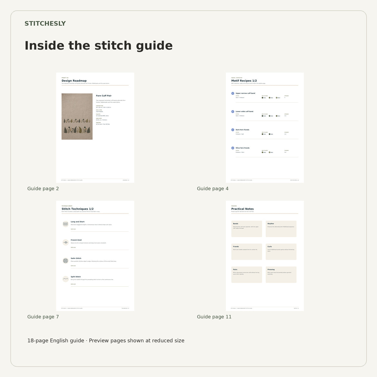 Four reduced-size preview pages from the 18-page Fern Cuff Pair stitch guide.