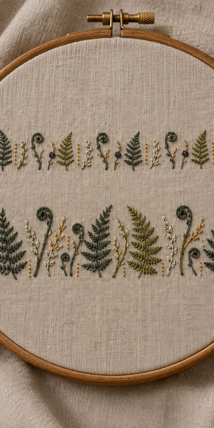 Embroidery hoop close view mockup featuring the Fern Cuff Pair hand embroidery design. Two horizontal bands alternate fern fronds, fiddleheads and fine seed stems.