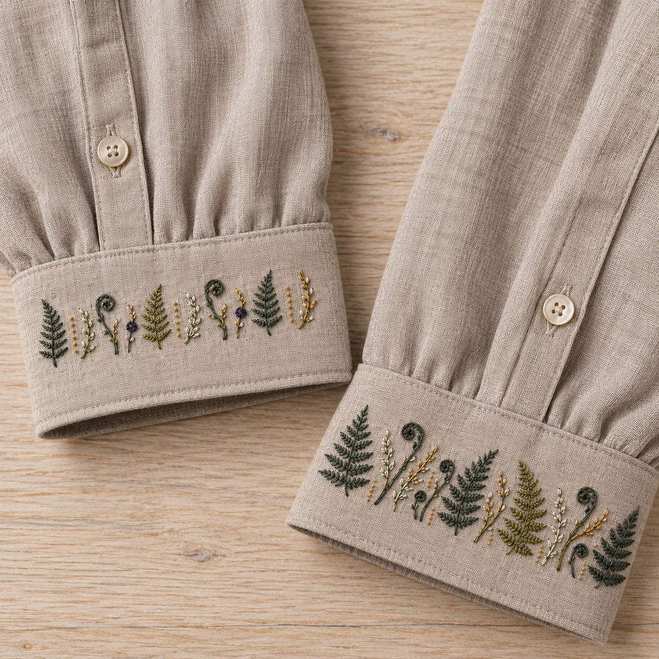 Linen garment cuff mockup featuring the Fern Cuff Pair hand embroidery design. Two horizontal bands alternate fern fronds, fiddleheads and fine seed stems.
