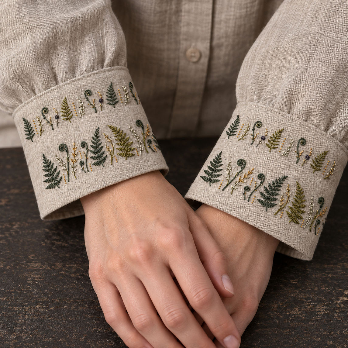Linen garment cuffs mockup featuring the Fern Cuff Pair hand embroidery design. Two horizontal bands alternate fern fronds, fiddleheads and fine seed stems.
