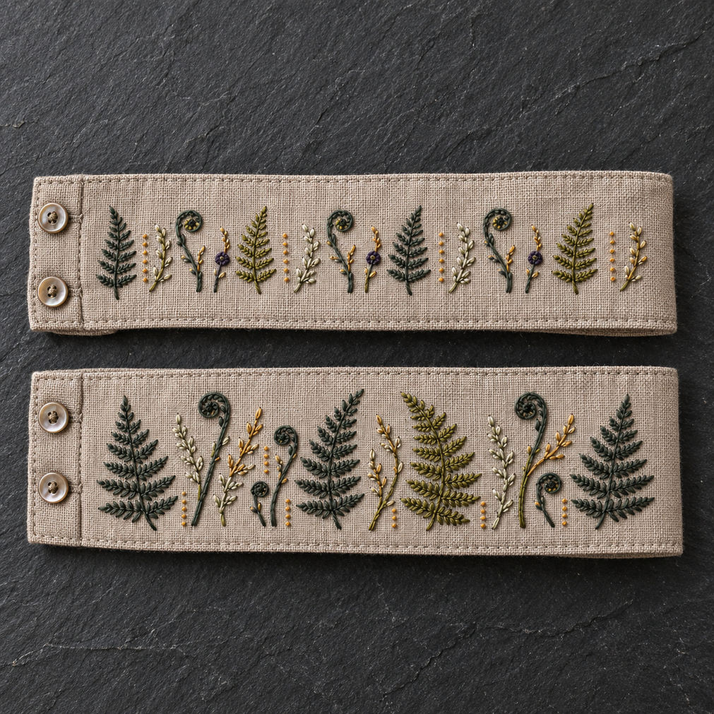 Linen cuff panels laid flat mockup featuring the Fern Cuff Pair hand embroidery design. Two horizontal bands alternate fern fronds, fiddleheads and fine seed stems.