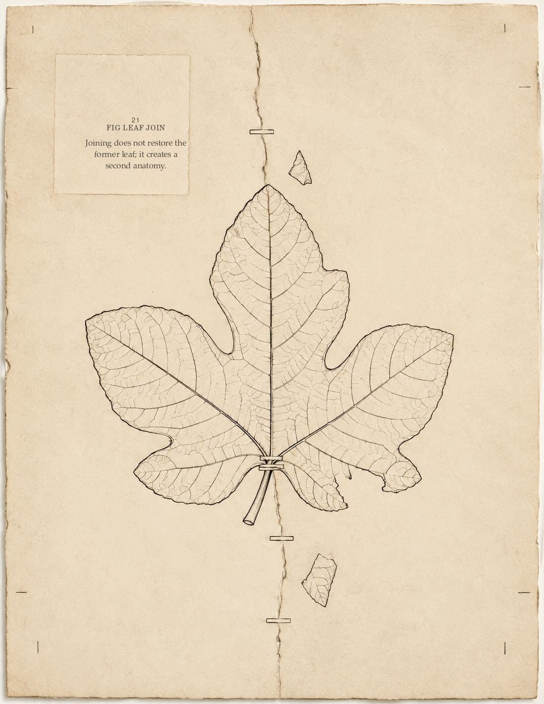 Fig Leaf Join botanical drawing with stitched seam and paper fragments