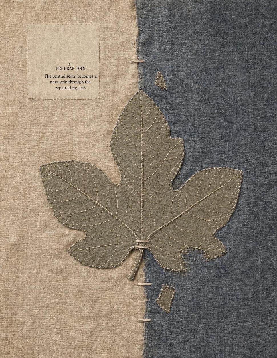 Fig Leaf Join embroidered textile repair joining natural and indigo cloth