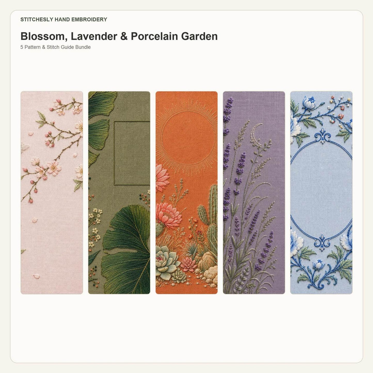 Blossom, Lavender & Porcelain Garden five pattern bundle cover for the five-pattern hand embroidery bundle