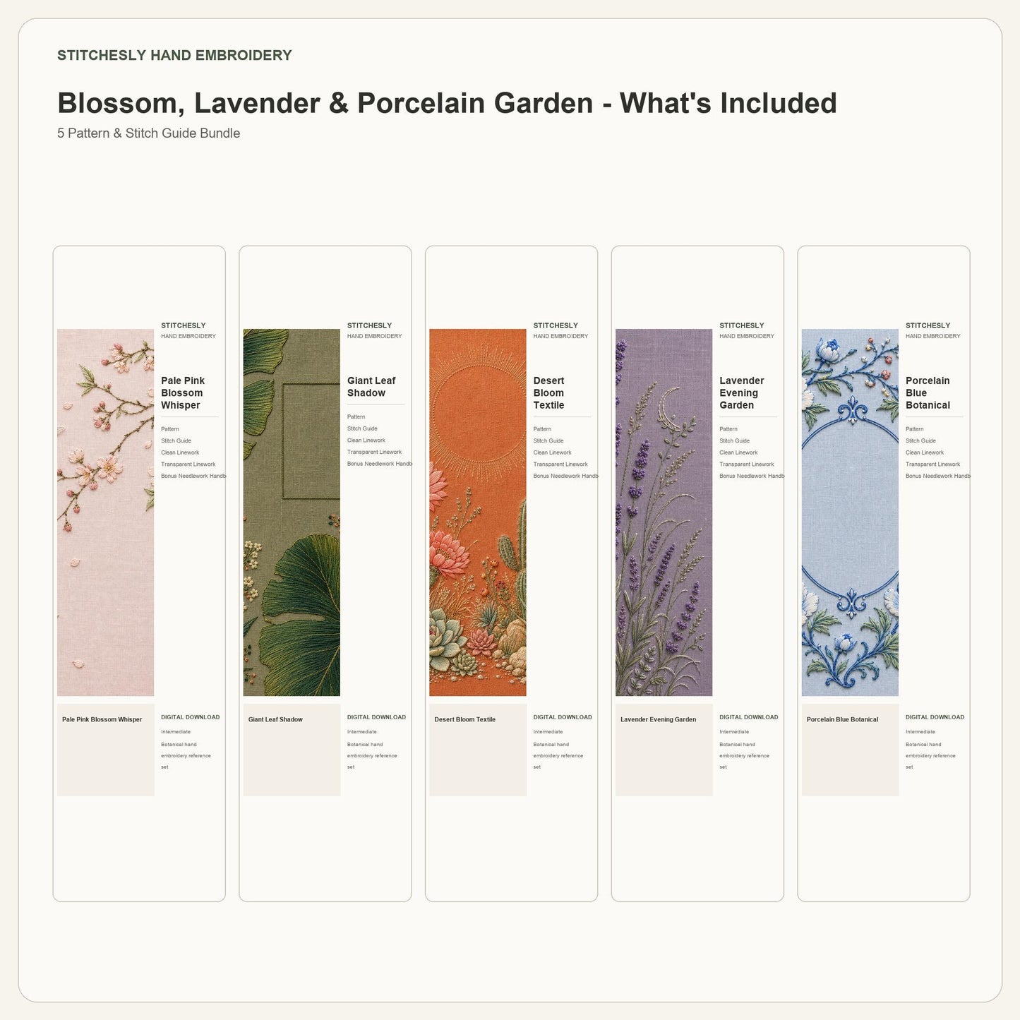Blossom, Lavender & Porcelain Garden bundle contents overview for the five-pattern hand embroidery bundle