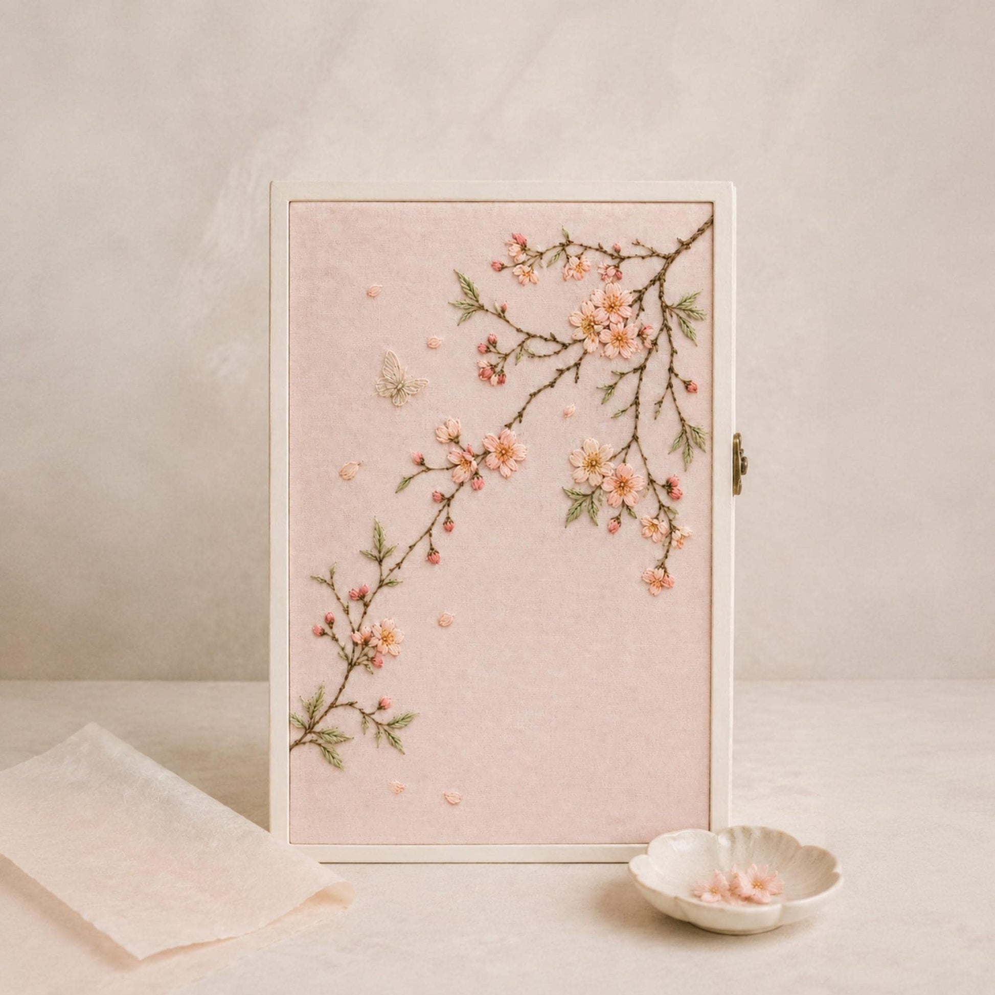 Pale Pink Blossom Whisper finished embroidery mockup included in the Blossom, Lavender & Porcelain Garden five-pattern digital bundle
