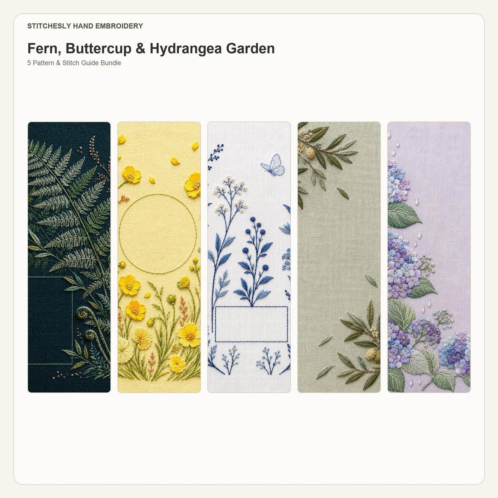 Fern, Buttercup & Hydrangea Garden five pattern bundle cover for the five-pattern hand embroidery bundle