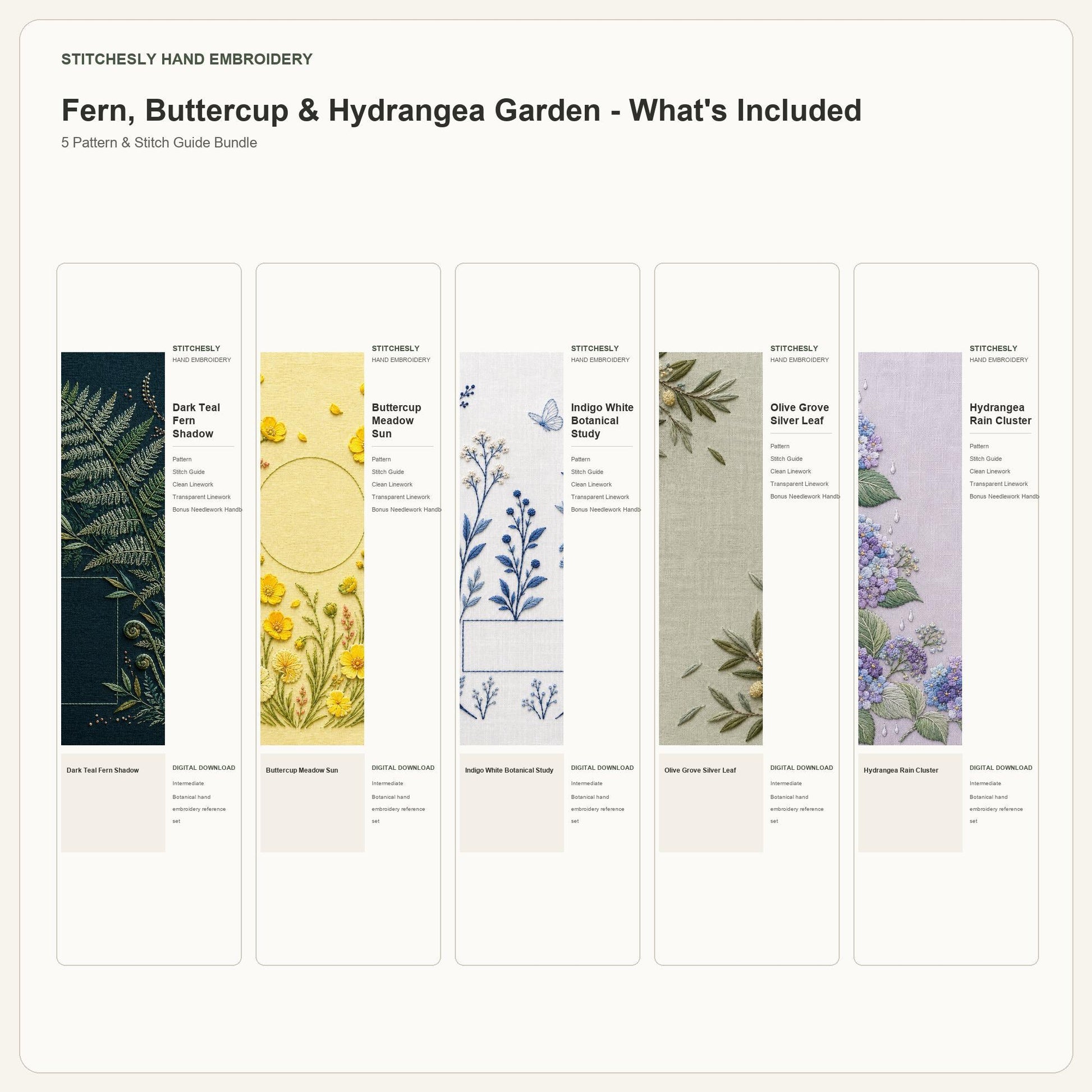 Fern, Buttercup & Hydrangea Garden bundle contents overview for the five-pattern hand embroidery bundle