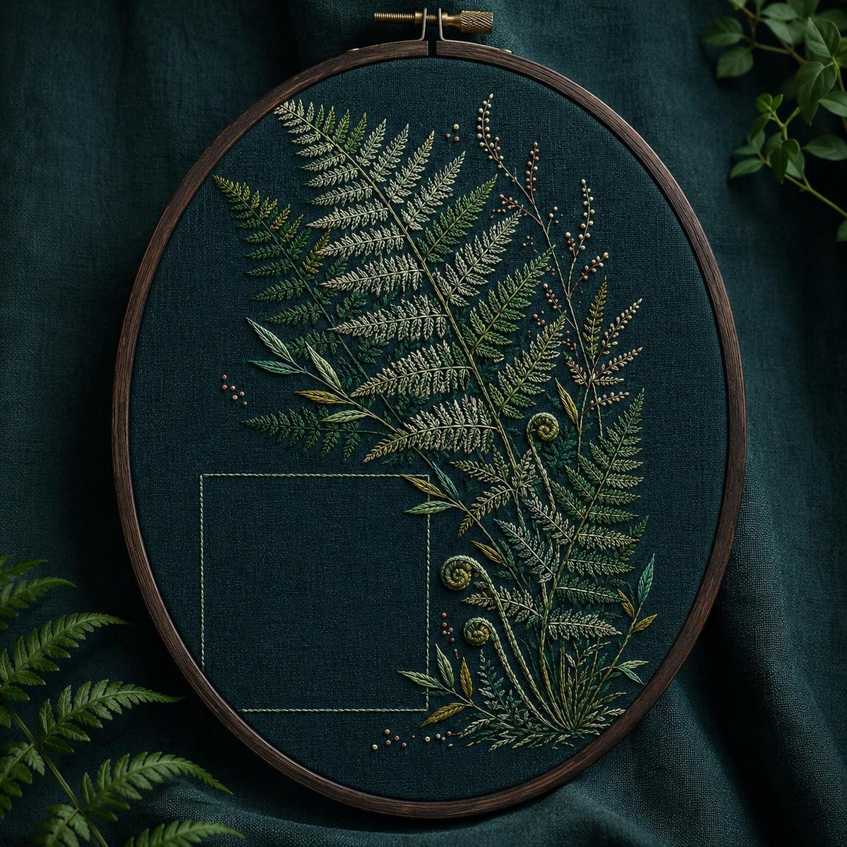 Dark Teal Fern Shadow finished embroidery mockup included in the Fern, Buttercup & Hydrangea Garden five-pattern digital bundle