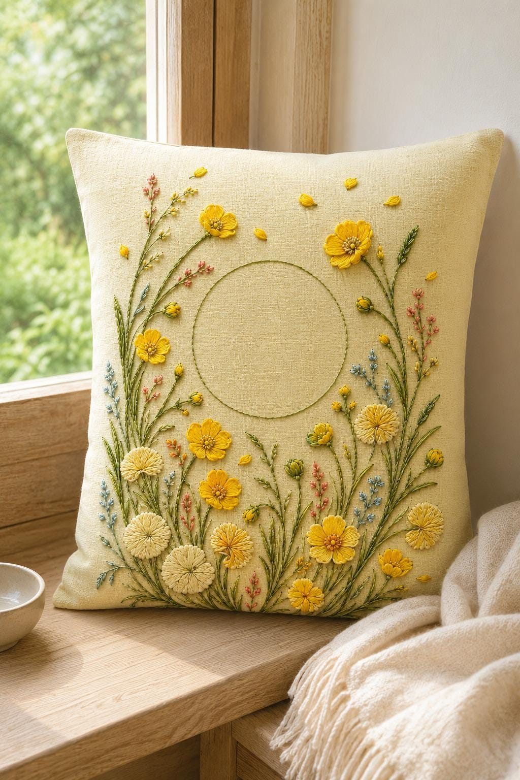Buttercup Meadow Sun finished embroidery mockup included in the Fern, Buttercup & Hydrangea Garden five-pattern digital bundle