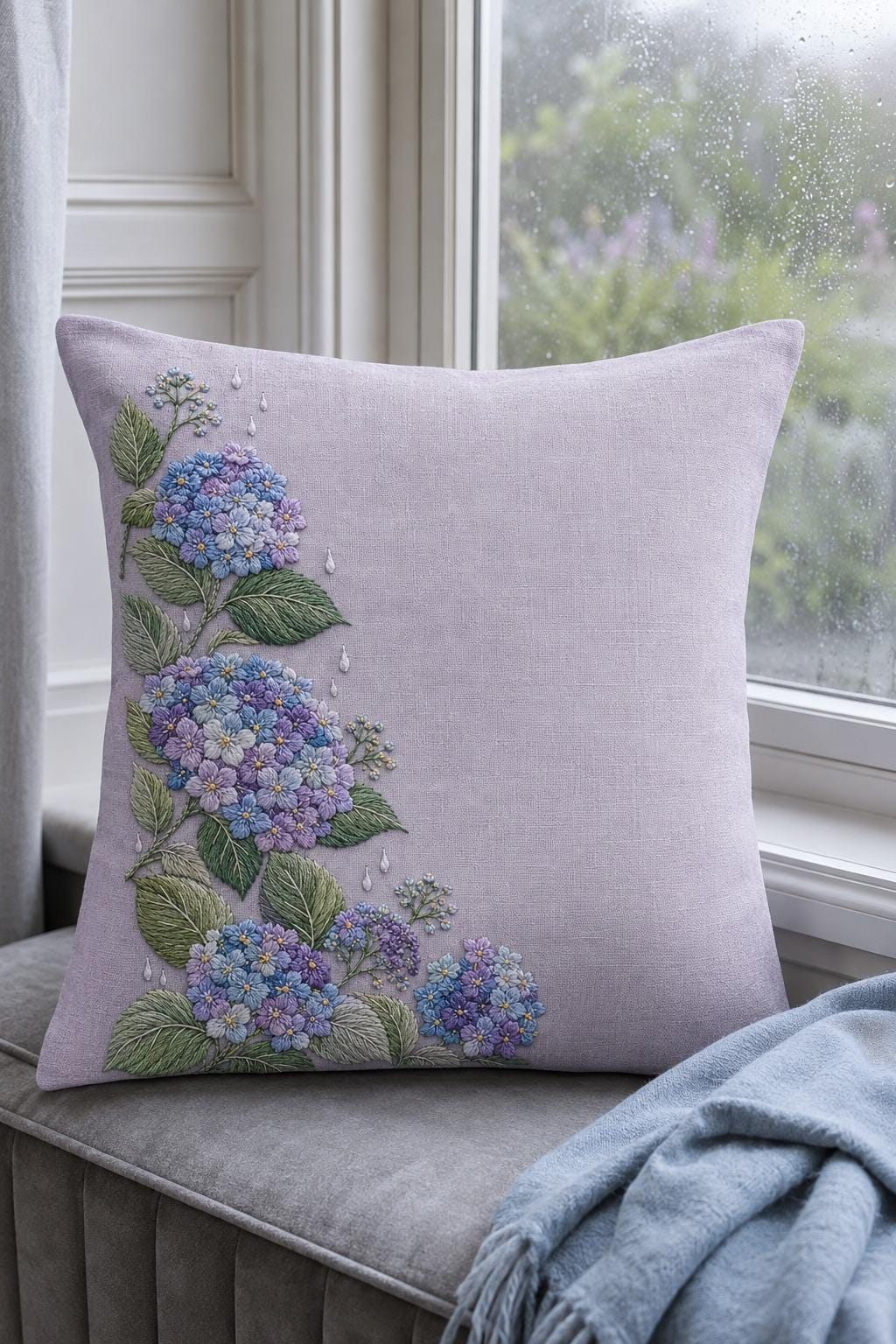 Hydrangea Rain Cluster finished embroidery mockup included in the Fern, Buttercup & Hydrangea Garden five-pattern digital bundle