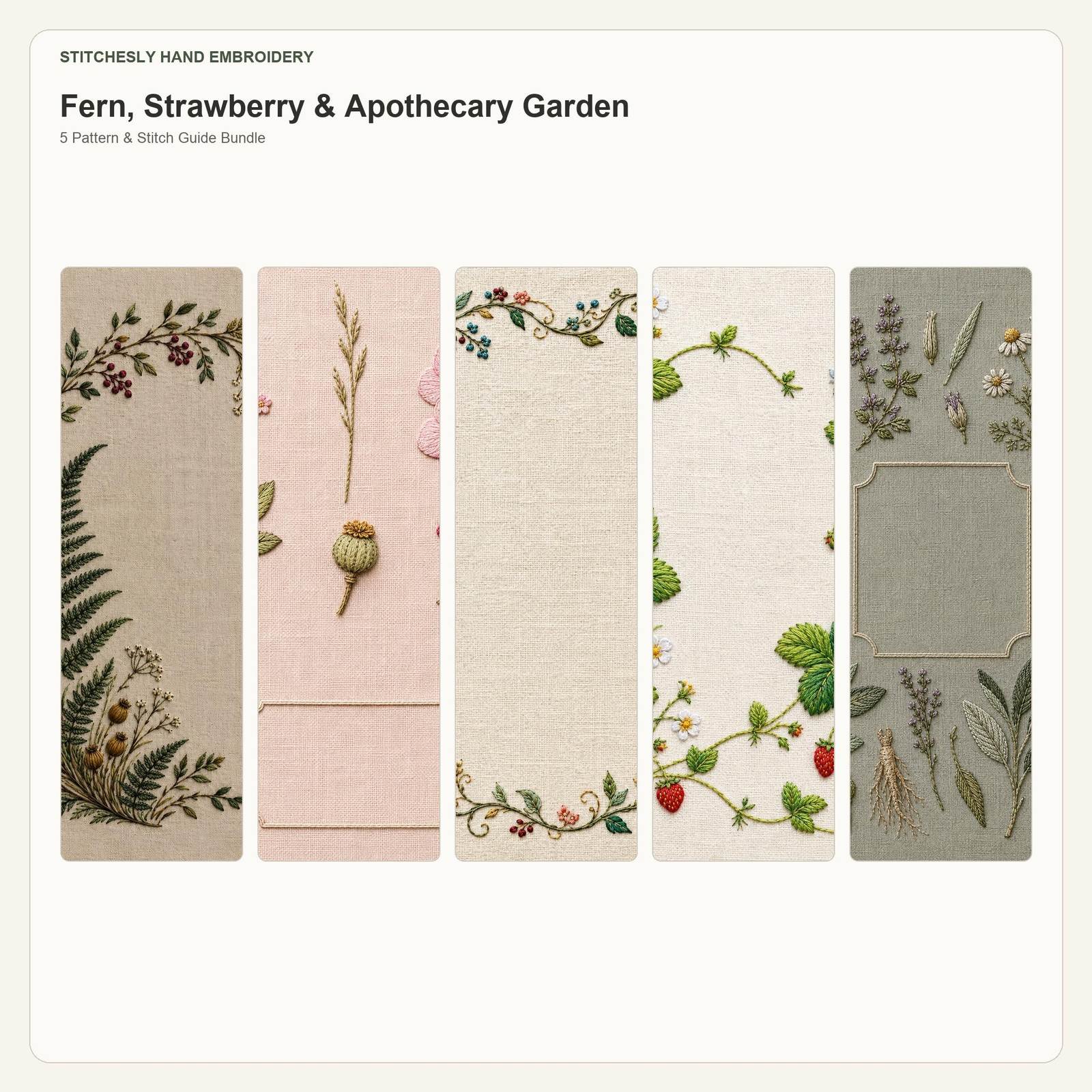 Fern, Strawberry & Apothecary Garden five pattern bundle cover for the five-pattern hand embroidery bundle