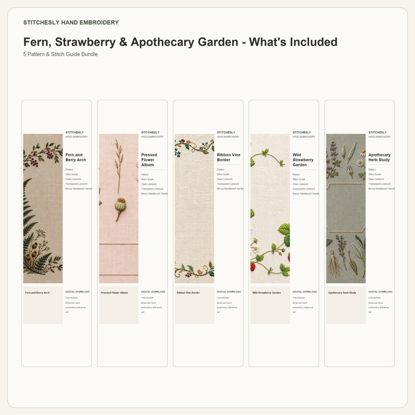 Fern, Strawberry & Apothecary Garden bundle contents overview for the five-pattern hand embroidery bundle