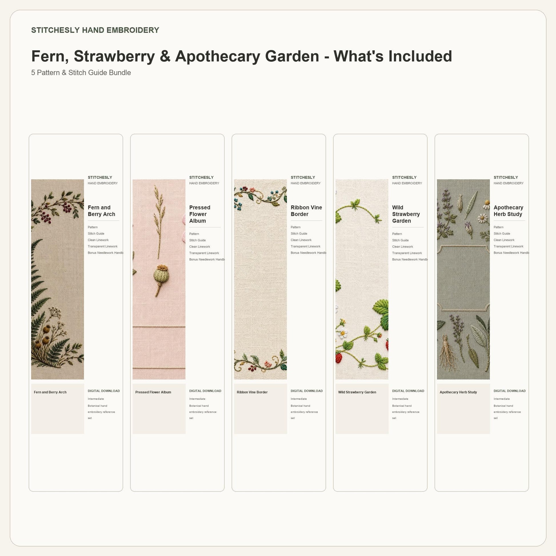 Fern, Strawberry & Apothecary Garden bundle contents overview for the five-pattern hand embroidery bundle