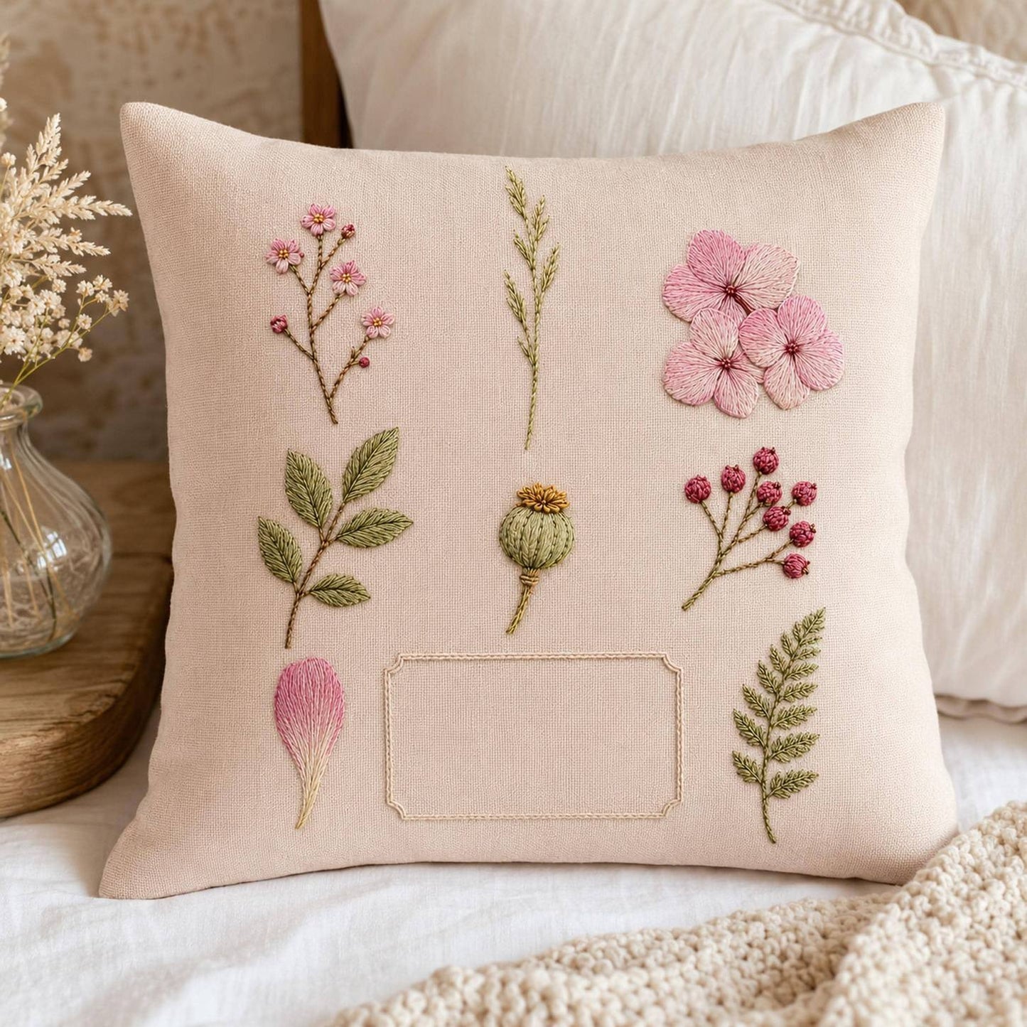 Pressed Flower Album finished embroidery mockup included in the Fern, Strawberry & Apothecary Garden five-pattern digital bundle