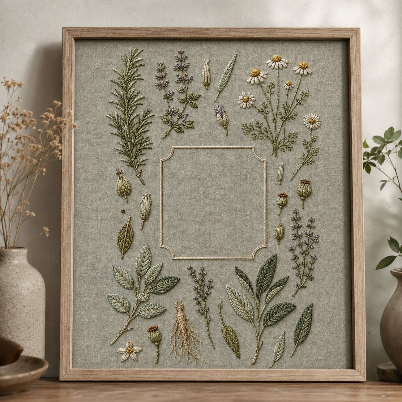 Apothecary Herb Study finished embroidery mockup included in the Fern, Strawberry & Apothecary Garden five-pattern digital bundle