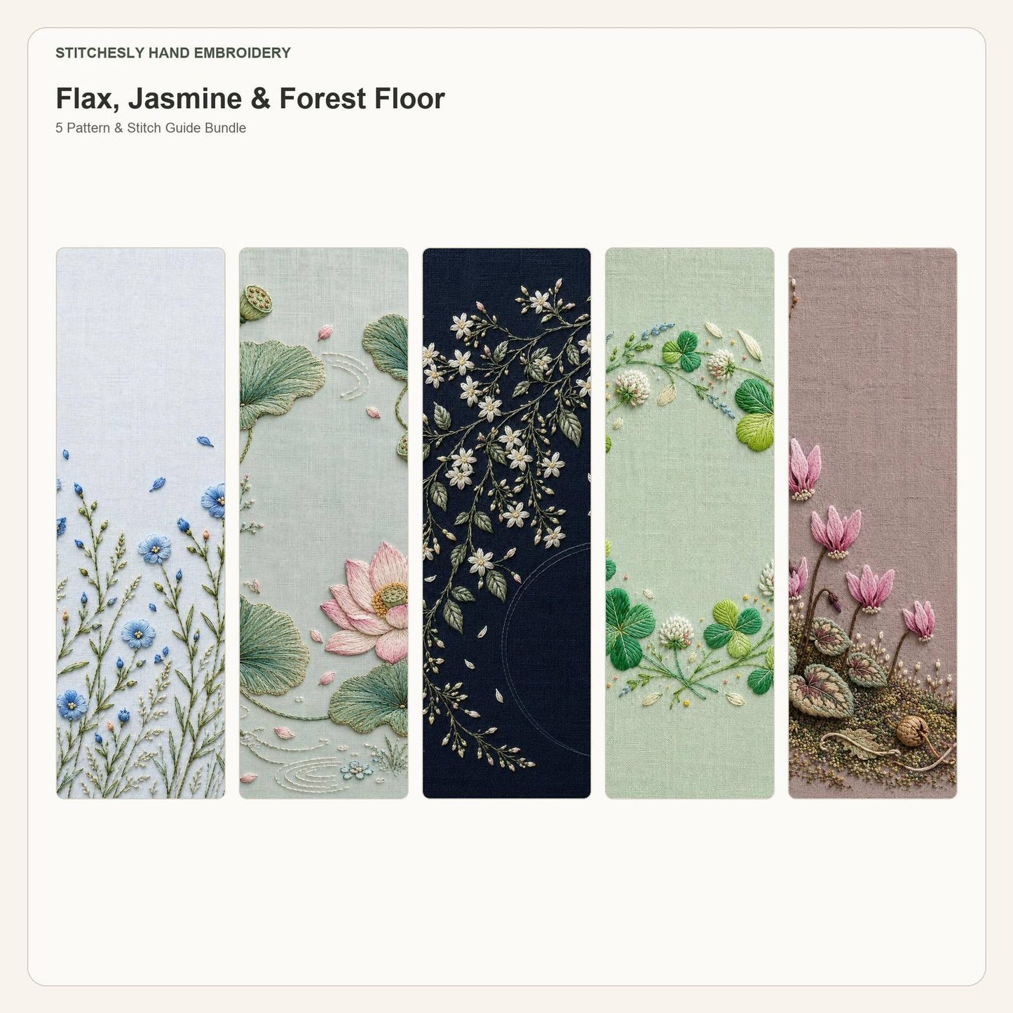 Flax, Jasmine & Forest Floor five pattern bundle cover for the five-pattern hand embroidery bundle