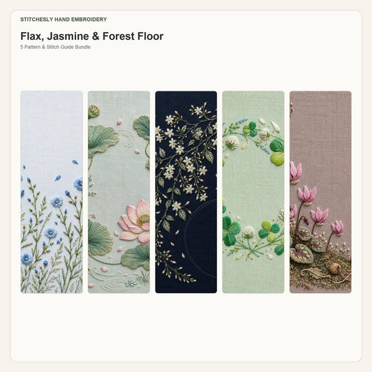 Flax, Jasmine & Forest Floor five pattern bundle cover for the five-pattern hand embroidery bundle