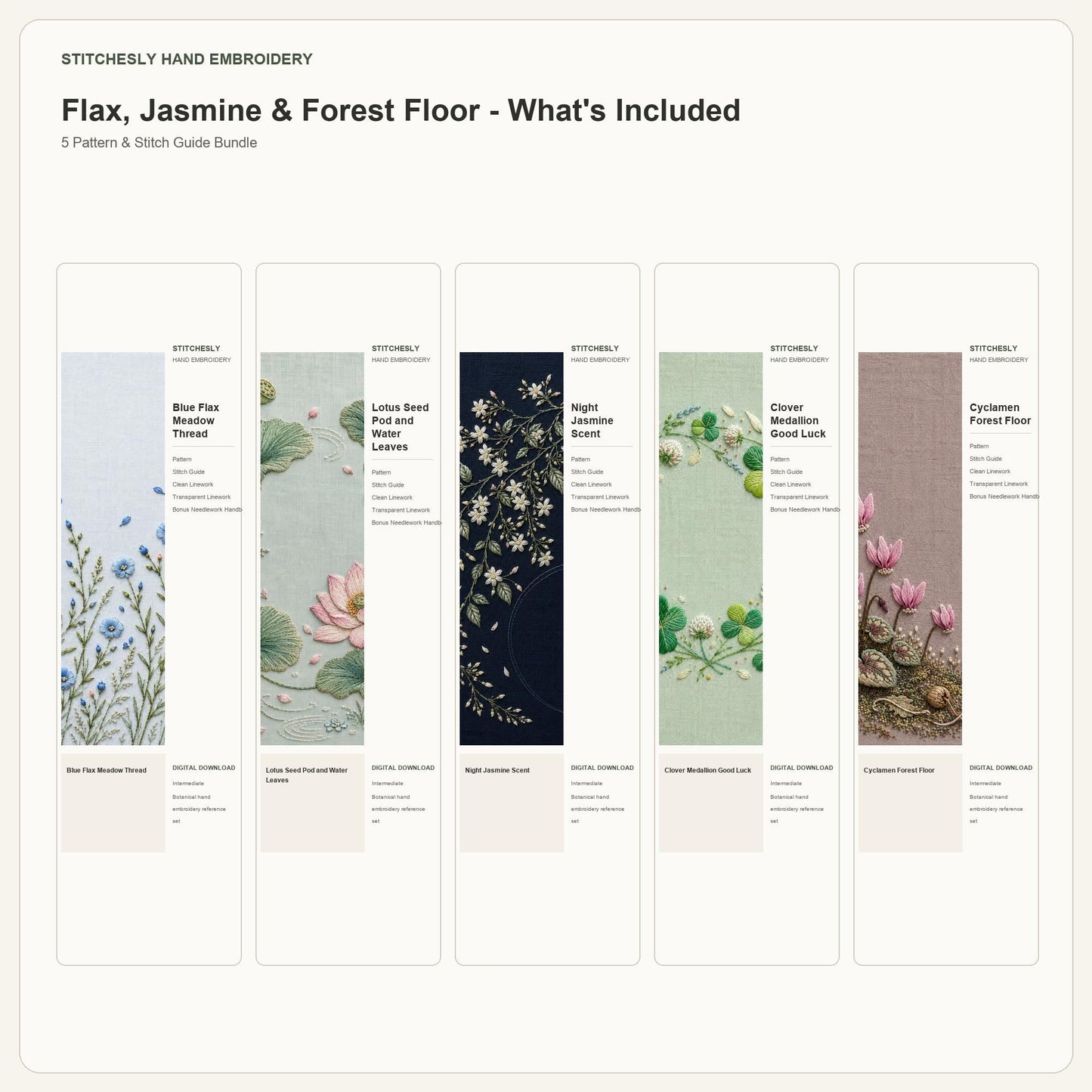 Flax, Jasmine & Forest Floor bundle contents overview for the five-pattern hand embroidery bundle