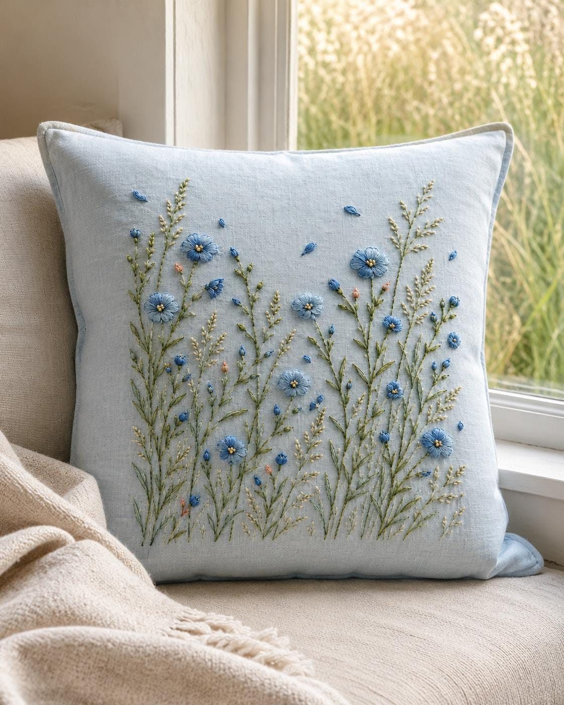 Blue Flax Meadow Thread finished embroidery mockup included in the Flax, Jasmine & Forest Floor five-pattern digital bundle