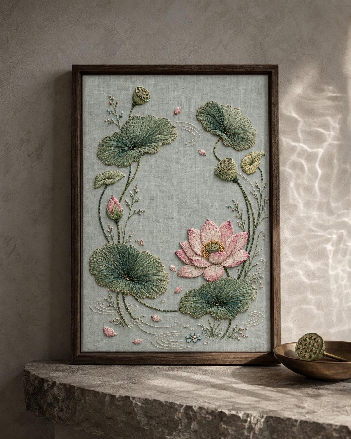 Lotus Seed Pod and Water Leaves finished embroidery mockup included in the Flax, Jasmine & Forest Floor five-pattern digital bundle