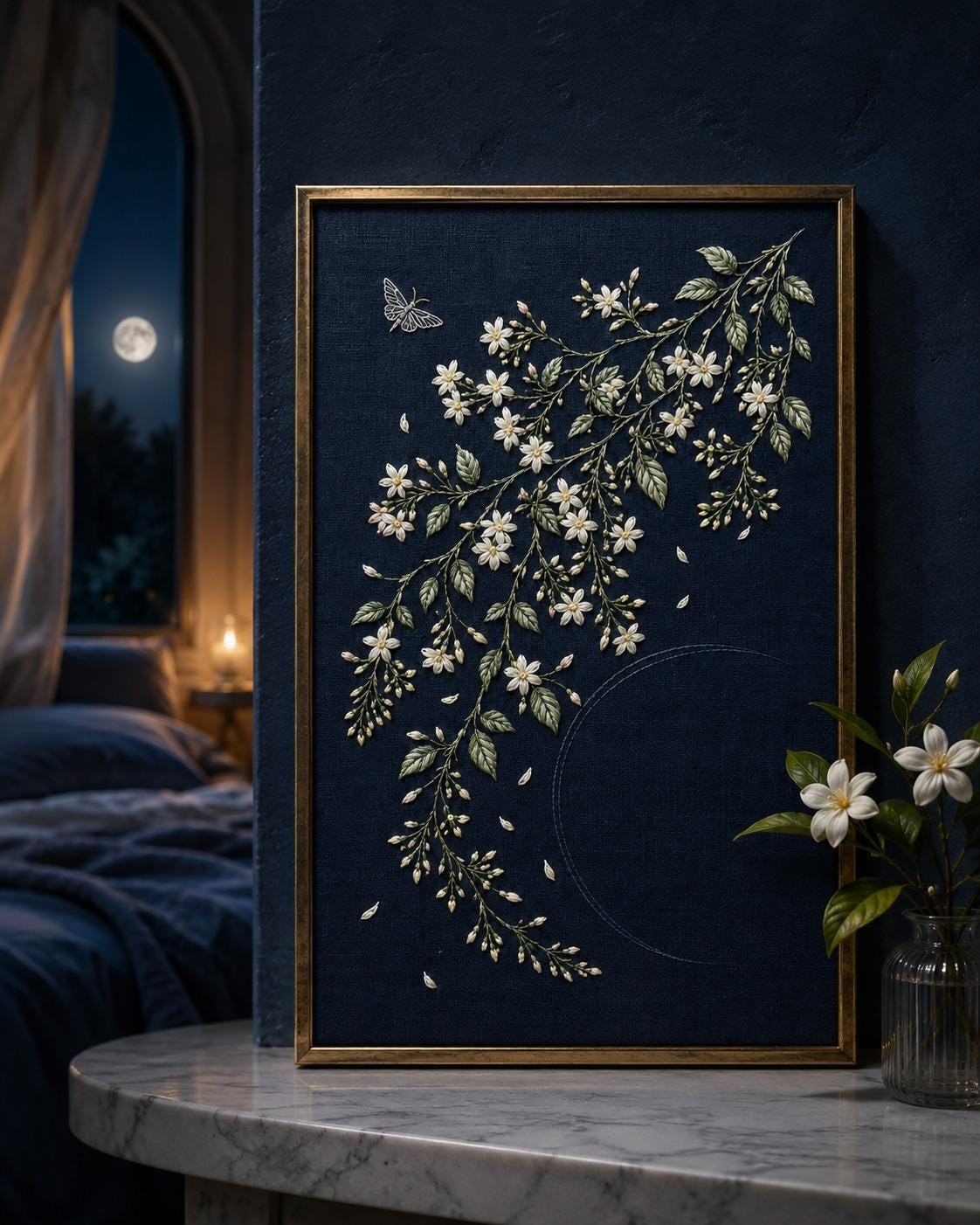 Night Jasmine Scent finished embroidery mockup included in the Flax, Jasmine & Forest Floor five-pattern digital bundle