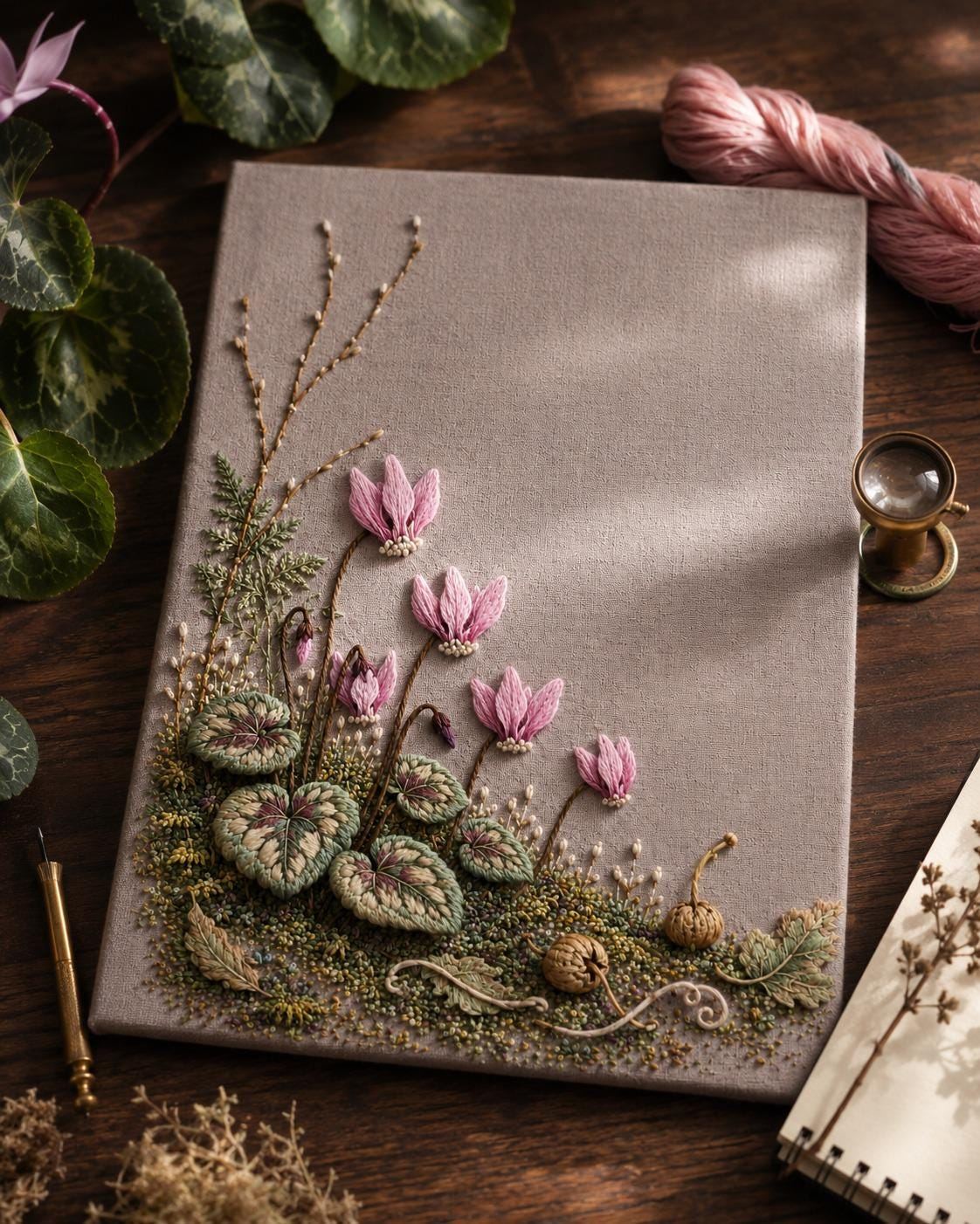 Cyclamen Forest Floor finished embroidery mockup included in the Flax, Jasmine & Forest Floor five-pattern digital bundle