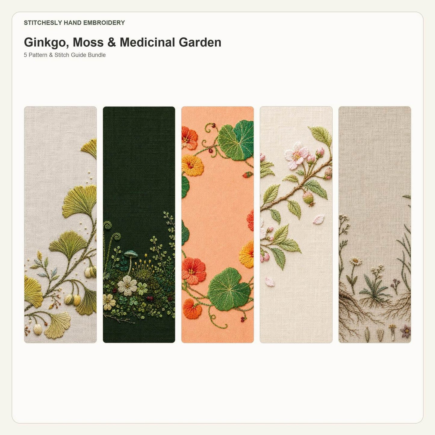 Ginkgo, Moss & Medicinal Garden five pattern bundle cover for the five-pattern hand embroidery bundle